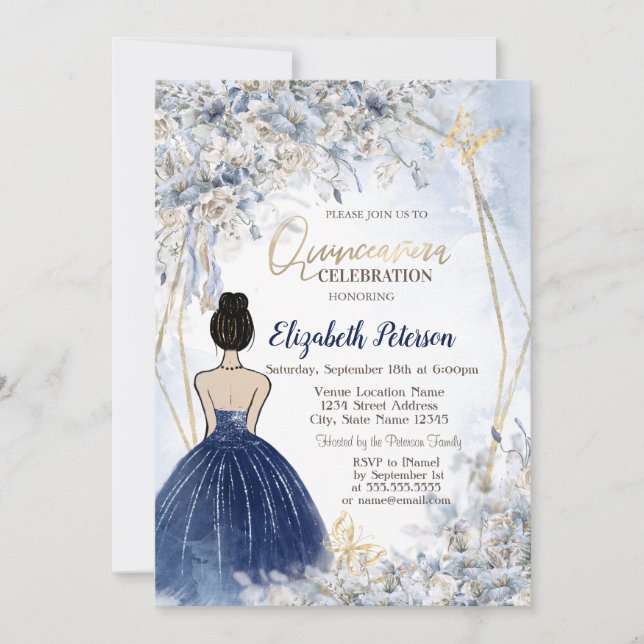 Marinblå Klänning Flicka, Blå Blommor Quinceanera Inbjudningar (Framsida)