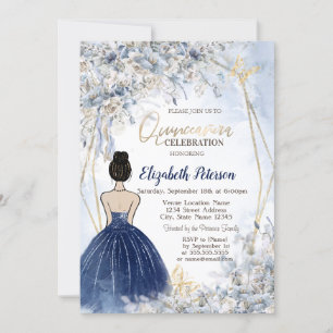 Marinblå Klänning Flicka, Blå Blommor Quinceanera Inbjudningar
