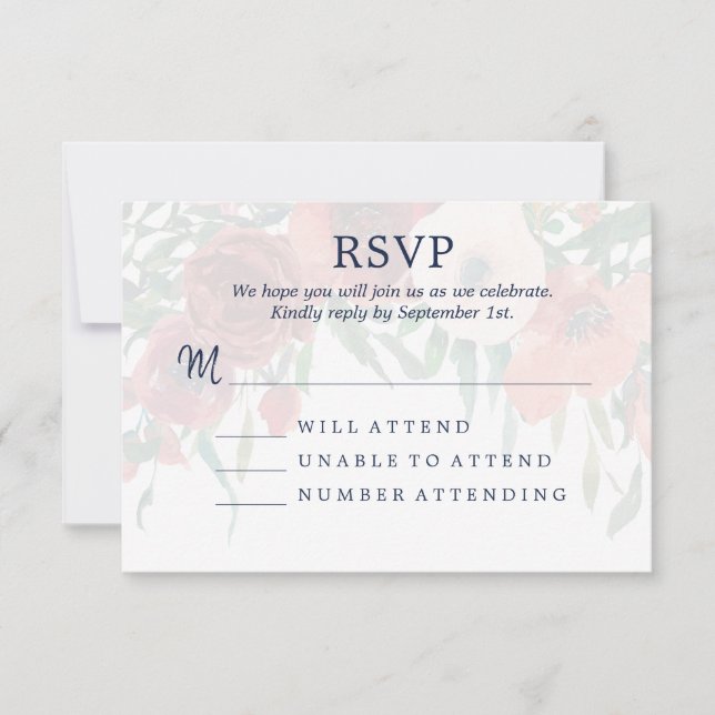 Marinblå Korall Akvarell Blommig RSVP Bröllop OSA Kort (Framsida)