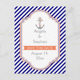 Marinblå, korallröda nautiska bröllop Save the Dat Meddelande Vykort