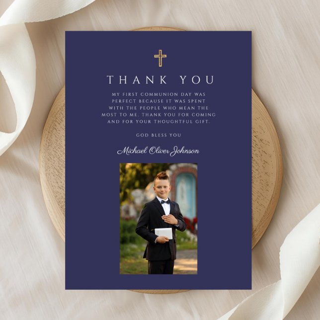 Marinblå Kors Pojke Foto Första Kommunion  Tack Kort (Navy Blue Cross Boy Photo First Communion Thank You Card)