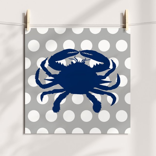 Marinblå Krabba Grå och Vita Prickar Poster (Navy Blue Crab Gray and White Polka Dots Poster)