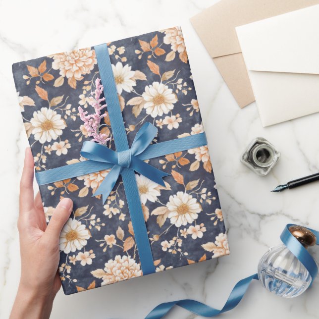 Marinblå Kräm Ferskros Blommig Presentpapper (Gifting)