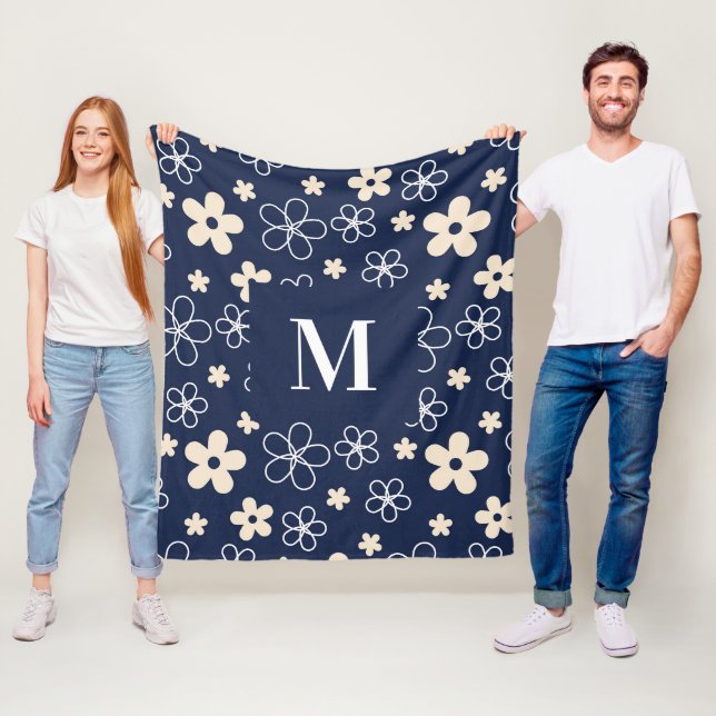 Marinblå krämfärgad blomster mönster retro fleecefilt (På plats)