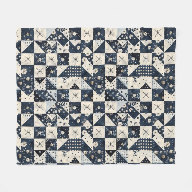 Marinblå krämfärgad quilt lappverk patchwork gingh fleecefilt (Framsidan (Horisontell))