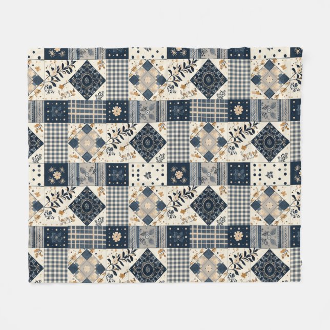 Marinblå krämfärgad quilt lappverk patchwork gingh fleecefilt (Framsidan (Horisontell))