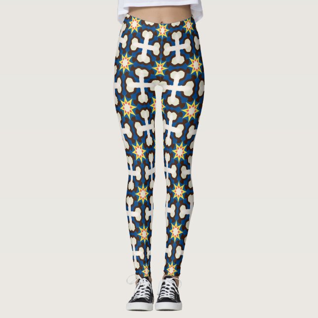 Marinblå krämgeometrisk stjärnmönster leggings (Framsida)