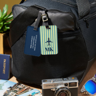 Marinblå Limegrön Flygplans Randig Monogram Bagagebricka