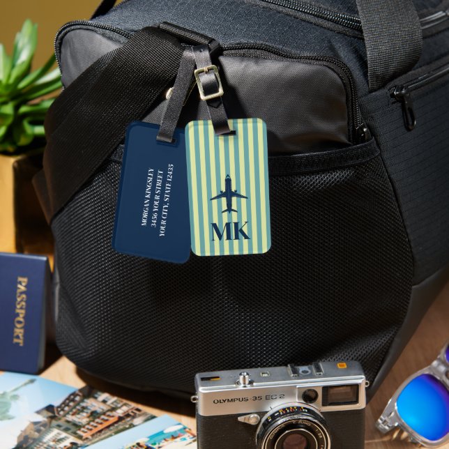 Marinblå Limegrön Flygplans Randig Monogram Bagagebricka (Fram & Baksida)