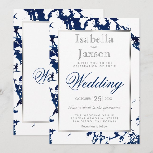 Marinblå Marmor, Silver & Vit Inbjudan (Fram/baksida)
