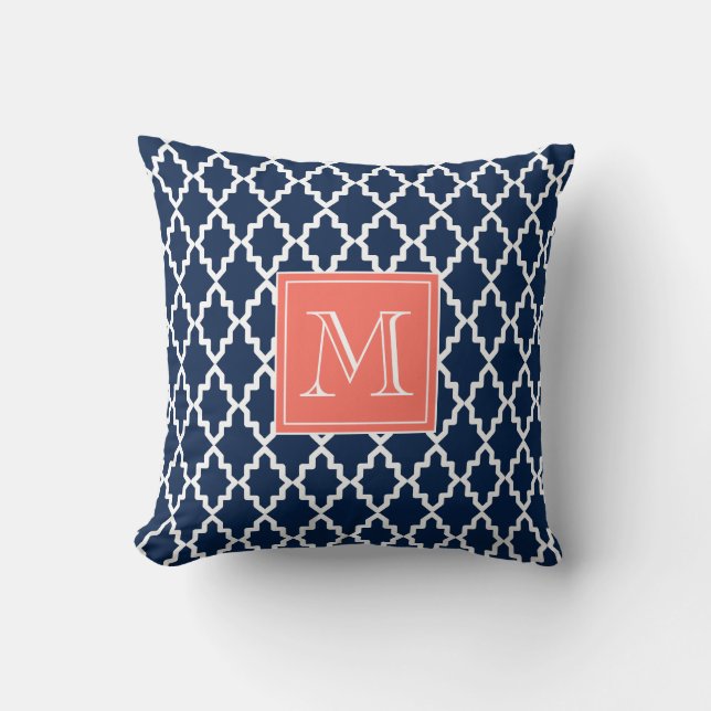 Marinblå marockansk korallMonogram Kudde (Framsida)