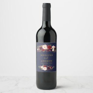 Marinblå Marsala Blommig Bröllopspresent Vin Etike Vinflaska Etikett