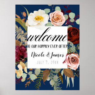 Marinblå Marsala Rosa Rustika Blommig Bröllop Poster