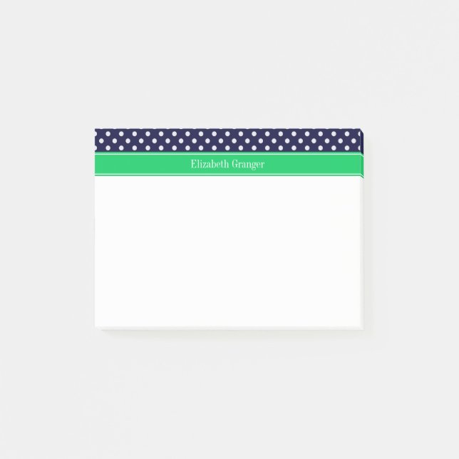 Marinblå med vita prickar Smaragdgrön namnmonogram Post-it Block (Framsida)