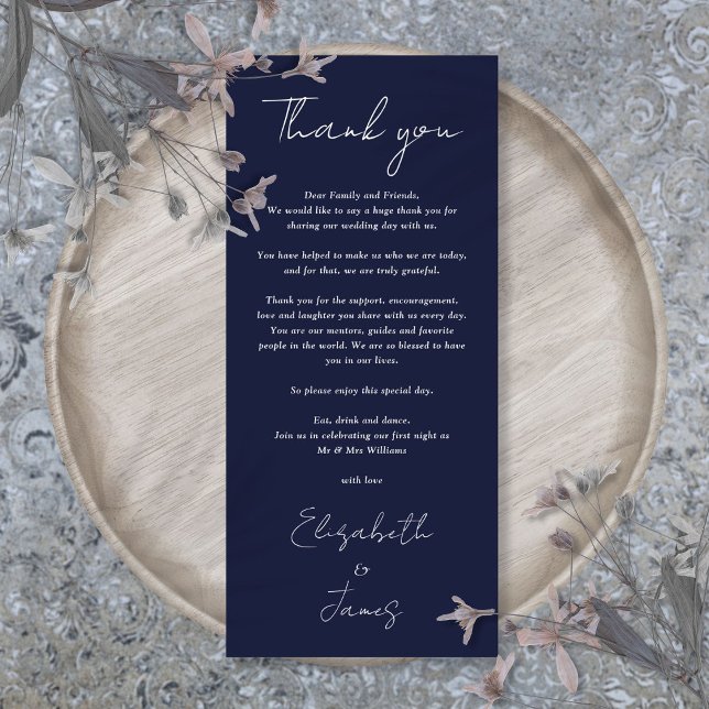  Marinblå minimalistisk bröllop tack platskort Meny (Navy Blue Minimalist Wedding Thank You Place Card)