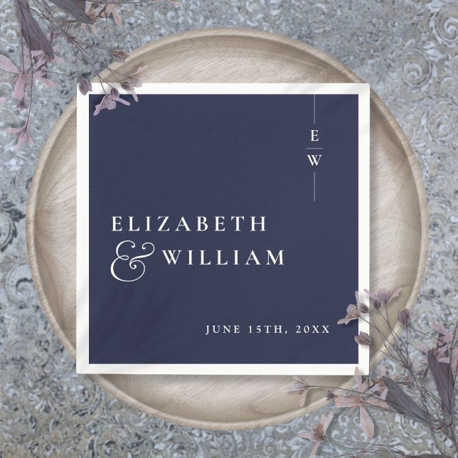 Marinblå minimalistisk elegant monogram bröllop pappersservett (Navy Blue Minimalist Elegant Monogram Wedding Napkins)
