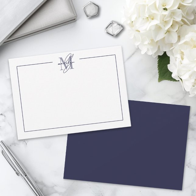 Marinblå Minimalistisk Monogram Skrift Anteckningskort (Navy Blue Simple Minimalist Name Monogram Note Card )