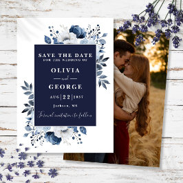 Marinblå Modern Akvarell Blommig Foto Bröllop Spara Datumet