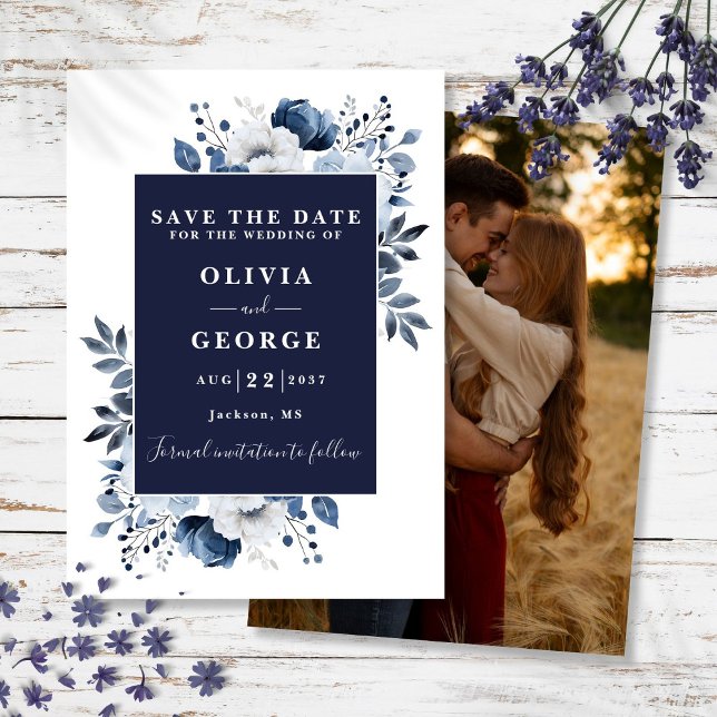 Marinblå Modern Akvarell Blommig Foto Bröllop Spara Datumet (Navy Blue Modern Watercolor Floral Photo Wedding Save The Date)