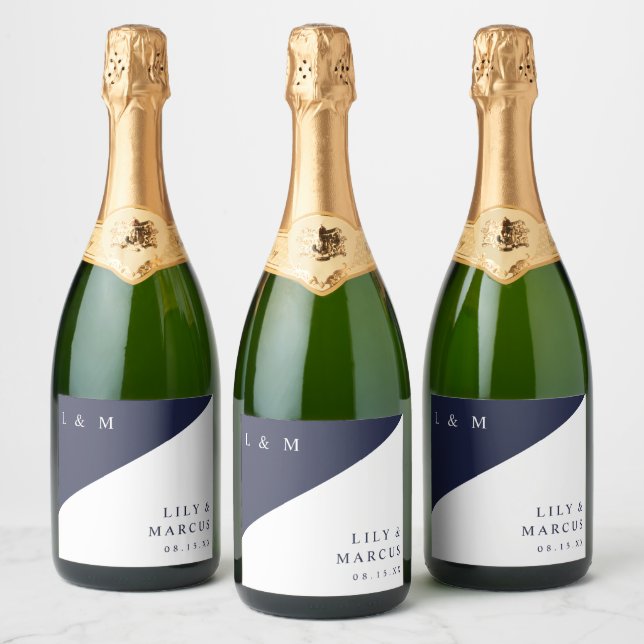 Marinblå Modern Elegant Monogram Bröllop (Flaskor)