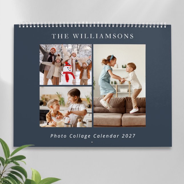 Marinblå Modern Familjefotocollage 2027 Kalender (A personalized family photo calendar with a collage of pictures for each page, custom name and year)