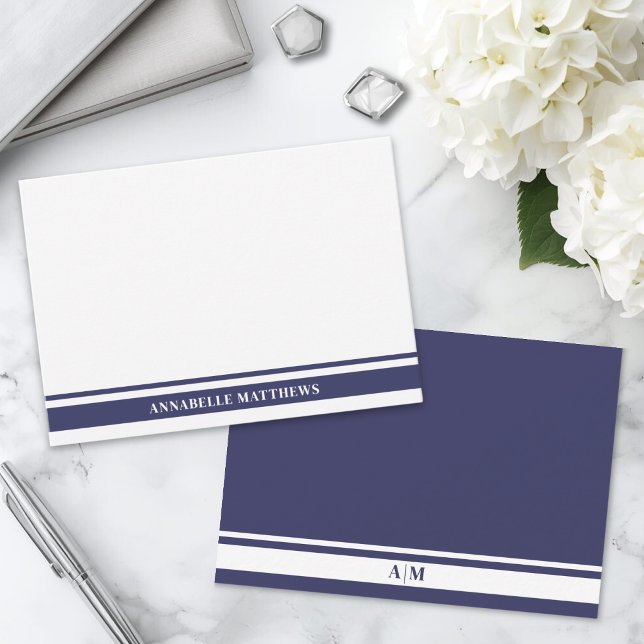 Marinblå Modern Kant Minimalistisk Monogram Anteckningskort (Navy Blue Border Minimalist Name Monogram Note Card )