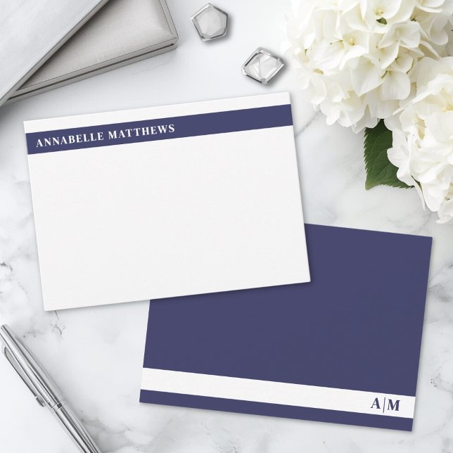Marinblå Modern Minimalist Namn Monogram Anteckningskort (Navy Blue Modern Minimalist Name Monogram Note Card )