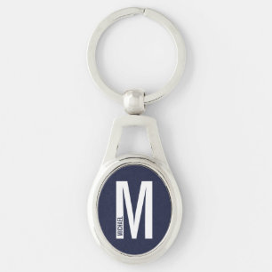 Marinblå Modern Personlig Monogram och Namn Ovalt Silverfärgad Nyckelring