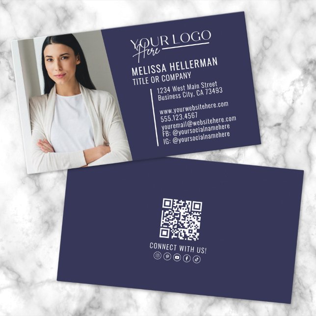 Marinblå Modern Professionell QR-kod Foto Logotyp Visitkort (Navy Blue Modern Professional QR Code Photo Logo Business Card )