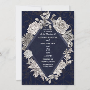 Marinblå Moderna Diamant Vintage Blommor Bröllop Inbjudningar