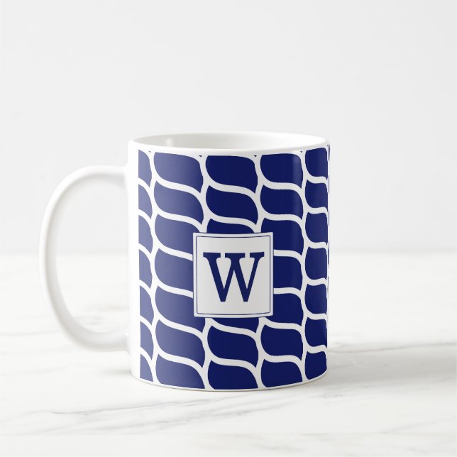 Marinblå Monogram för nautiskt repmönster Kaffemugg (Vänster)