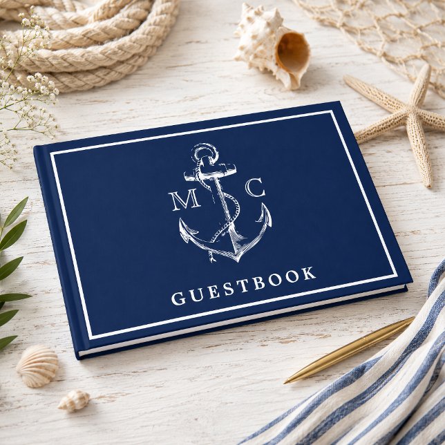 Marinblå Nautilus Ankare Monogram Bröllop Gästböcker (Add a nautical designed guestbook to your beach or seaside wedding. )