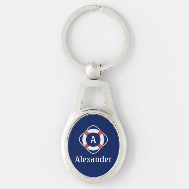 Marinblå Nautilus Livräddare Monogram Ovalt Silverfärgad Nyckelring (Framsidan)
