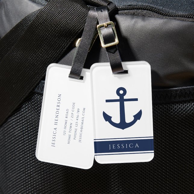 Marinblå nautisk ankar Anpassat namn  Bagagebricka (Navy Blue Nautical Anchor Custom Name Luggage Tag)