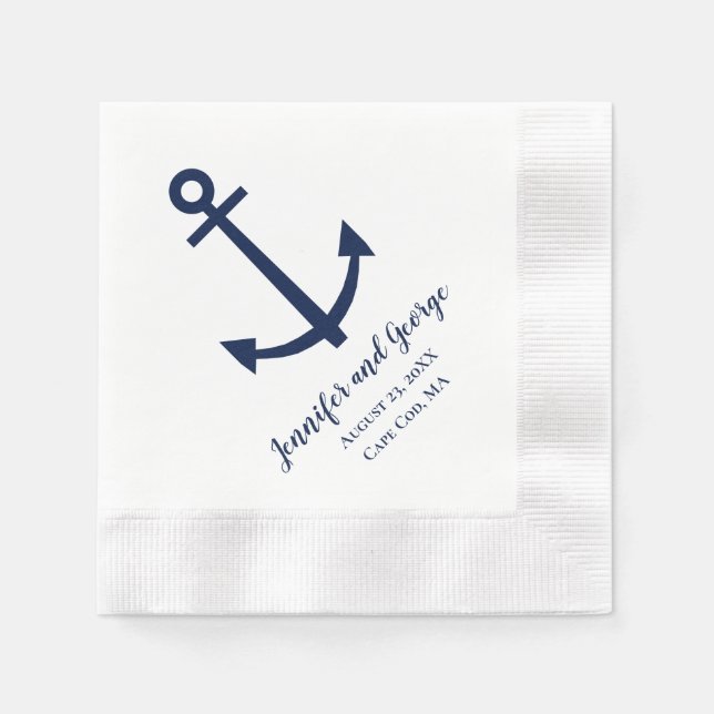 Marinblå nautisk ankare bröllop  pappersservett (Framsidan)