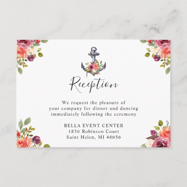 Marinblå nautiskt ankare blomsterbröllopsmottagnin tilläggskort (Framsida)