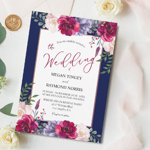 marinblå och burgundisk Peony-Blommigt Bröllop Inbjudningar
