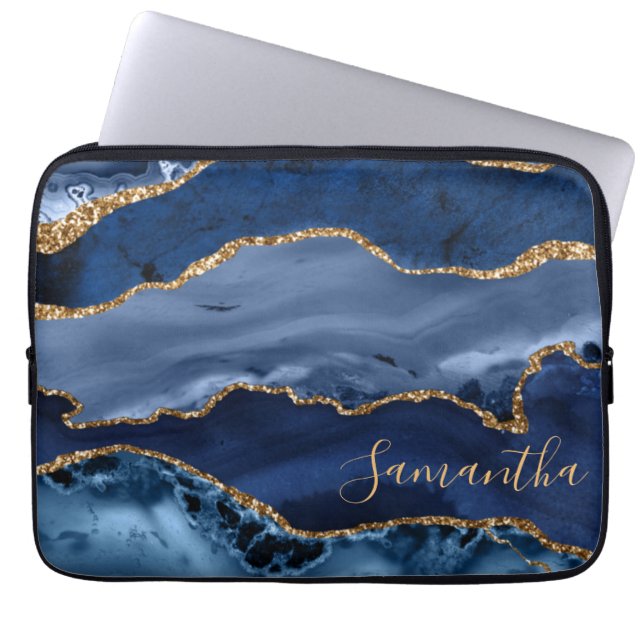 Marinblå och falskt guld glittermarmor agat laptop fodral (Framsidan)