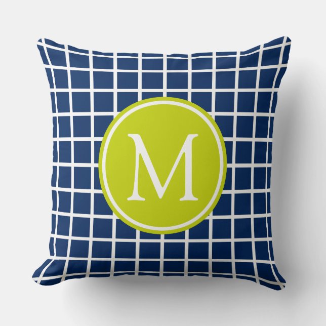 Marinblå och grön gallerMonogram för limefrukt Kudde (Framsida)