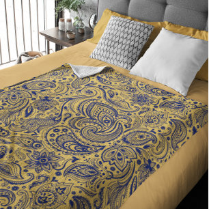 Marinblå och gul vintageblommigt Paisley Fleecefilt