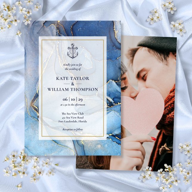 Marinblå och guld Agat Ankare Bröllopsfoto Inbjudningar (Nautical Blue And Gold Agate Anchor Wedding Photo Invitation)