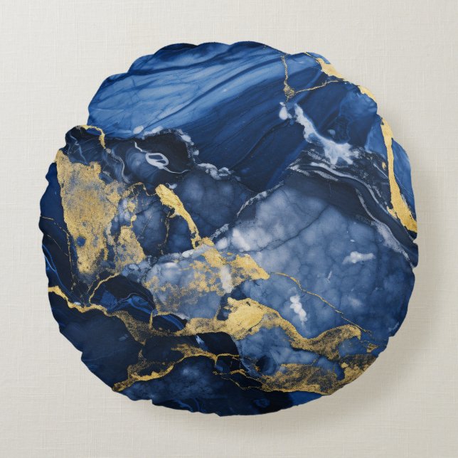 Marinblå och guld Agat-marmor Rund Kudde (Framsidan)
