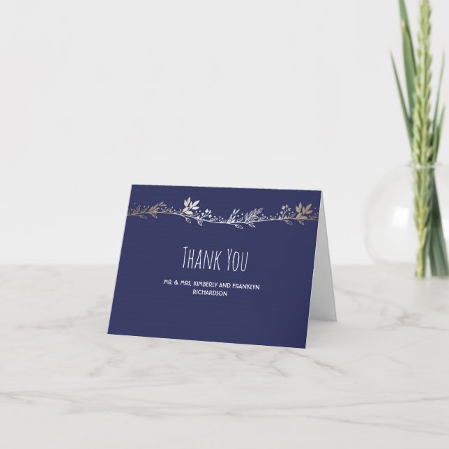 Marinblå och Guld Blommig Elegant Bröllop Tacksamh Tack Kort (Framsida)