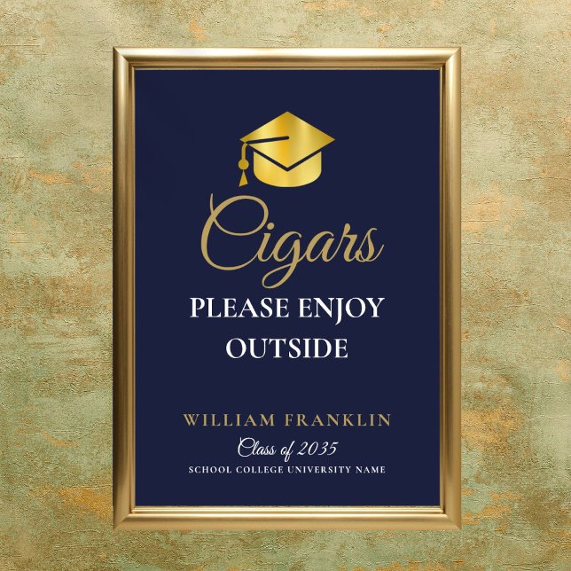 Marinblå och guld examensfestcigarrer skylt (Navy Blue And Gold Graduation Party Cigars Sign)