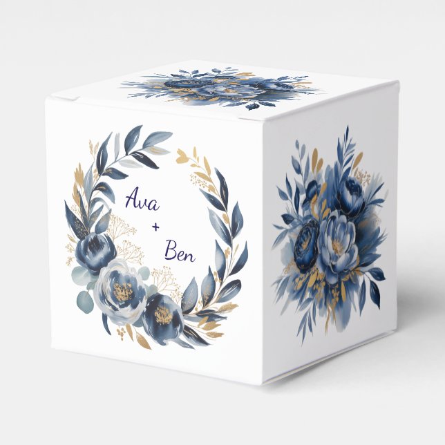 Marinblå och guld Floxblomma Bröllop Presentaskar (Framsidan Sidan)