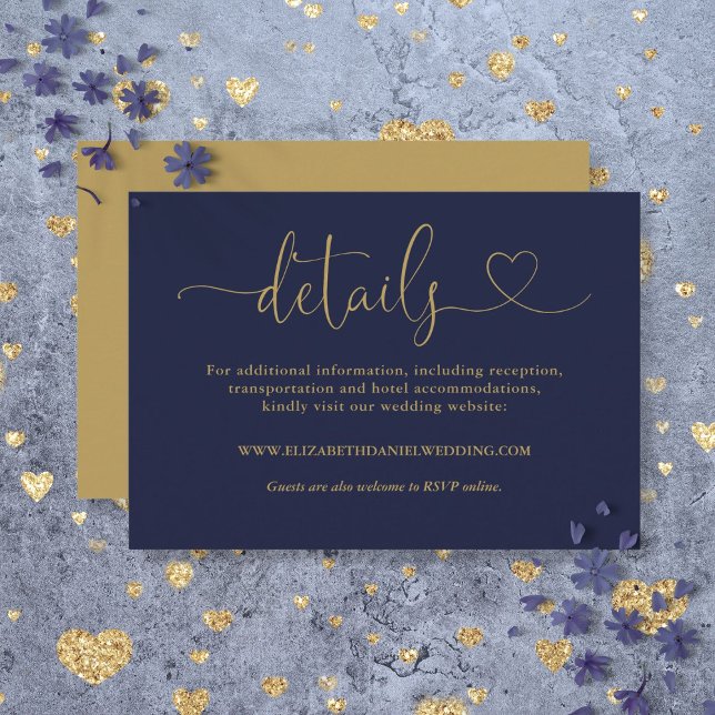 Marinblå Och Guld Hjärtformad Bröllopsdetaljer Tilläggskort (Navy Blue And Gold Heart Script Wedding Details Enclosure Card)