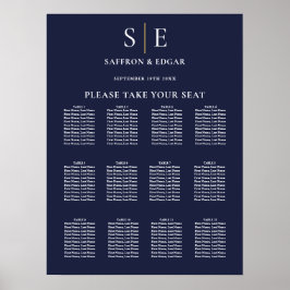 Marinblå Och Guld Monogram Bröllopsställningsdiagr Poster