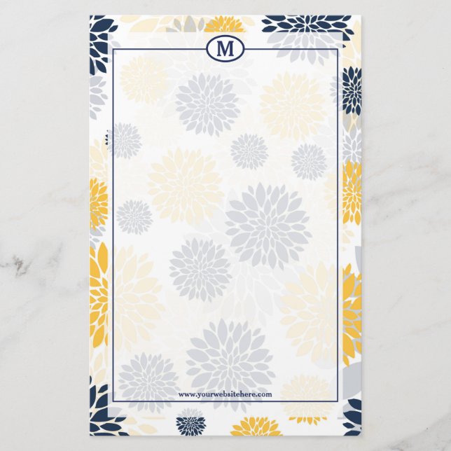 Marinblå och gulda blommönster monogram brevpapper (Framsida)