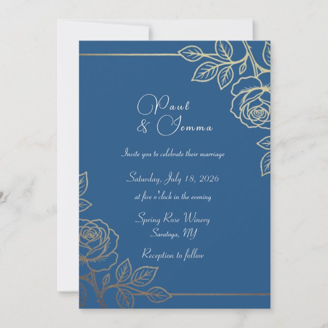 Marinblå och guldblommig bröllopsinbjudan inbjudningar (Framsida)