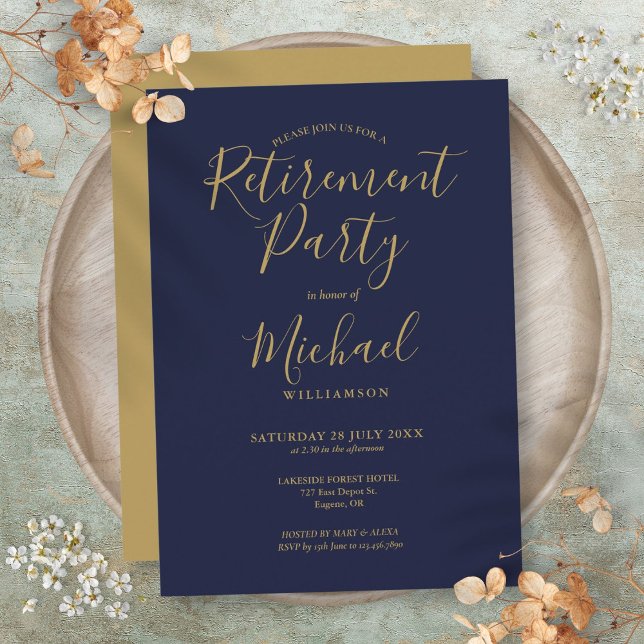 Marinblå och guldbokstavs- pensionärsfest inbjudningar (Navy Blue And Gold Script Retirement Party Invitation)